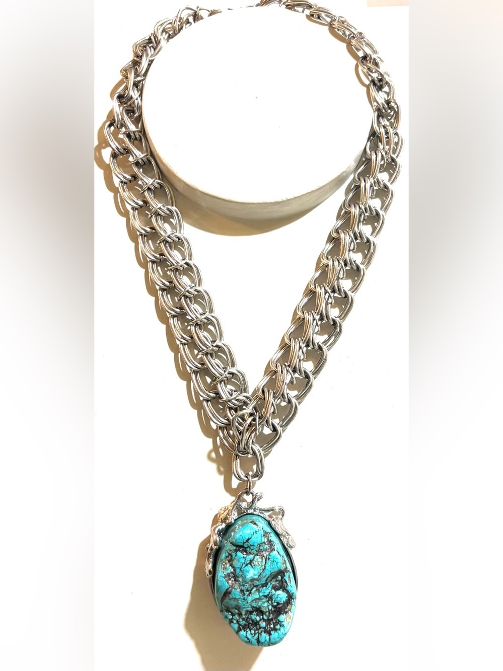 Silver Chain Necklace with Turquoise Pendant - Women's Jewelry